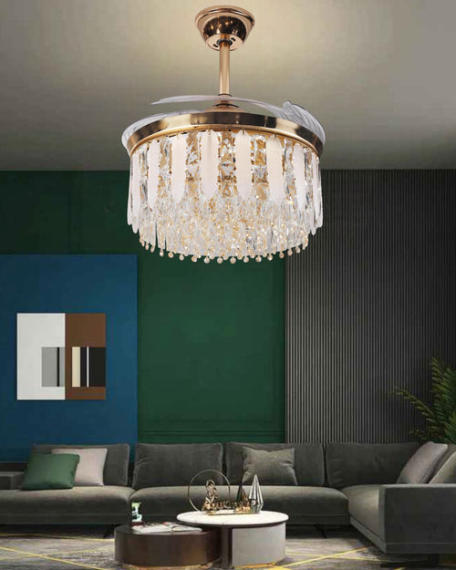 Crystal Feather Wings Retractable Ceiling Fan + Chandelier Light (with Remote Control)