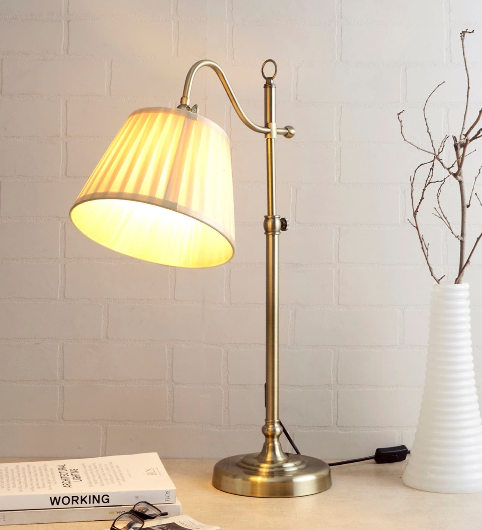 Beige Fabric Shade Study Lamp with Gold Base