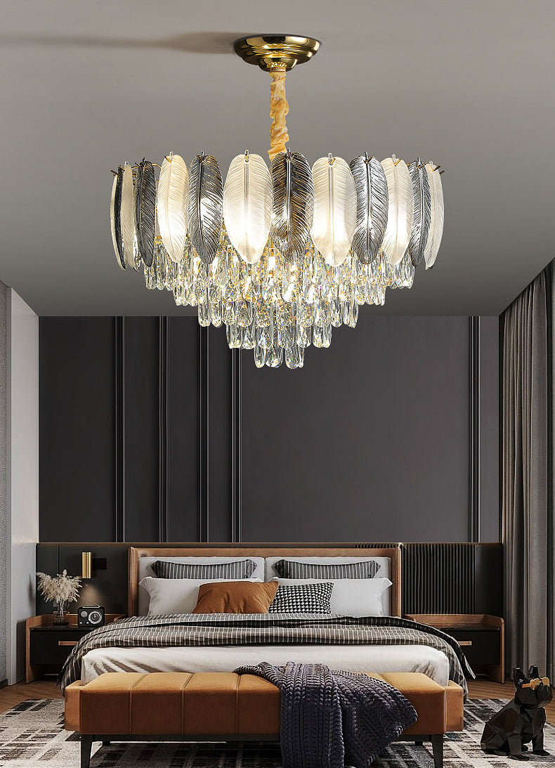 Feather Glint: Glass Crystal Gold Chandelier