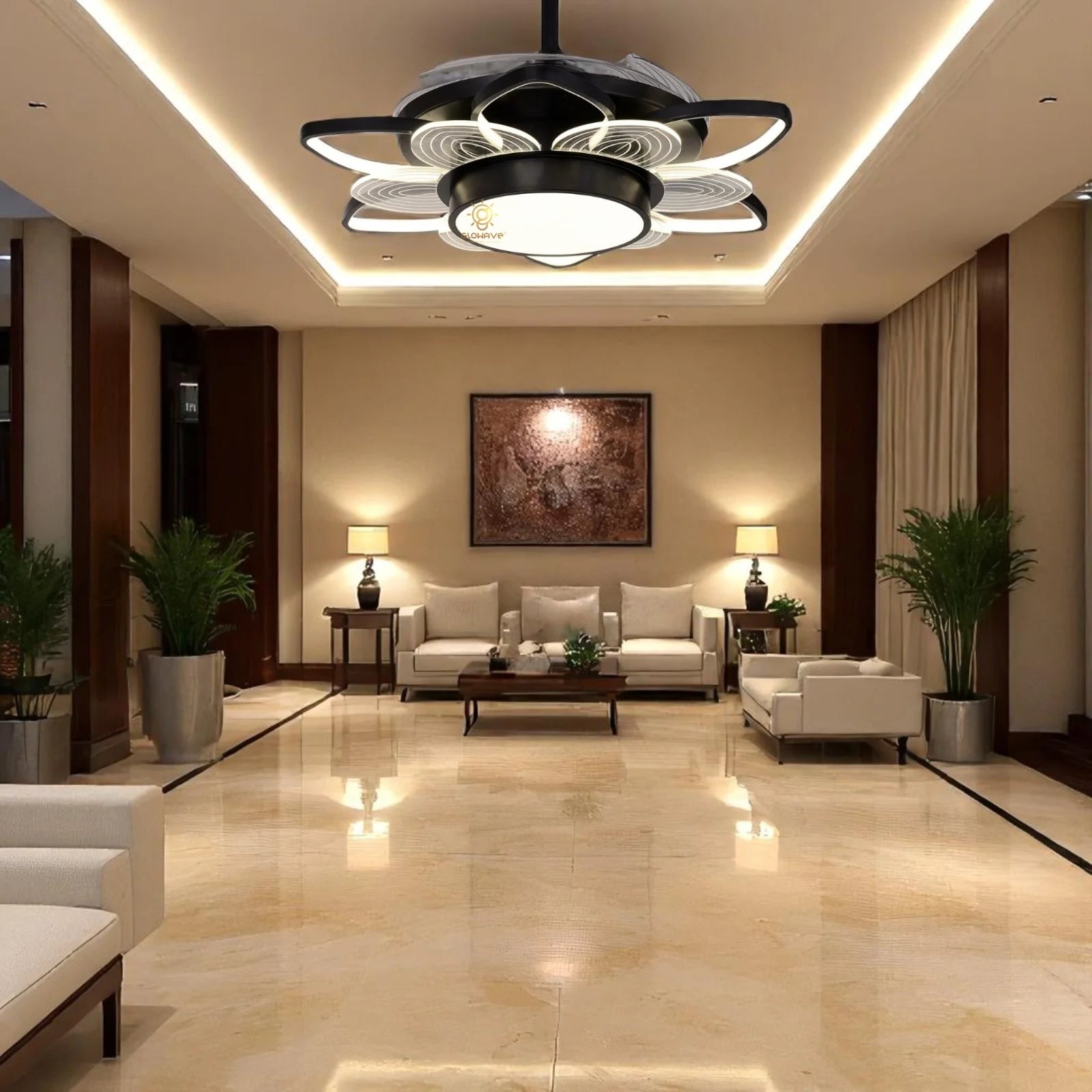 8 Leaves Flower Shape Chandelier Fan 42 Inch - Black