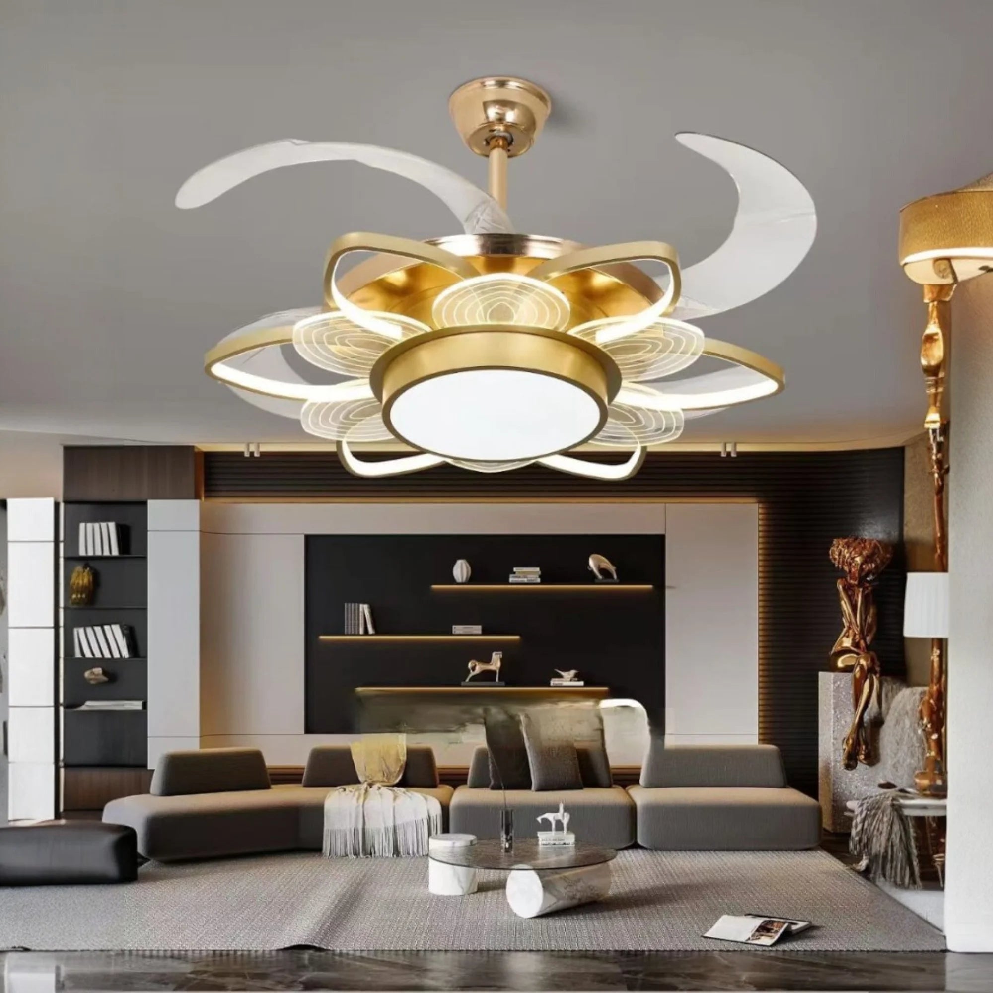 8 Leaves Flower Shape Chandelier Fan 42 Inch - Gold