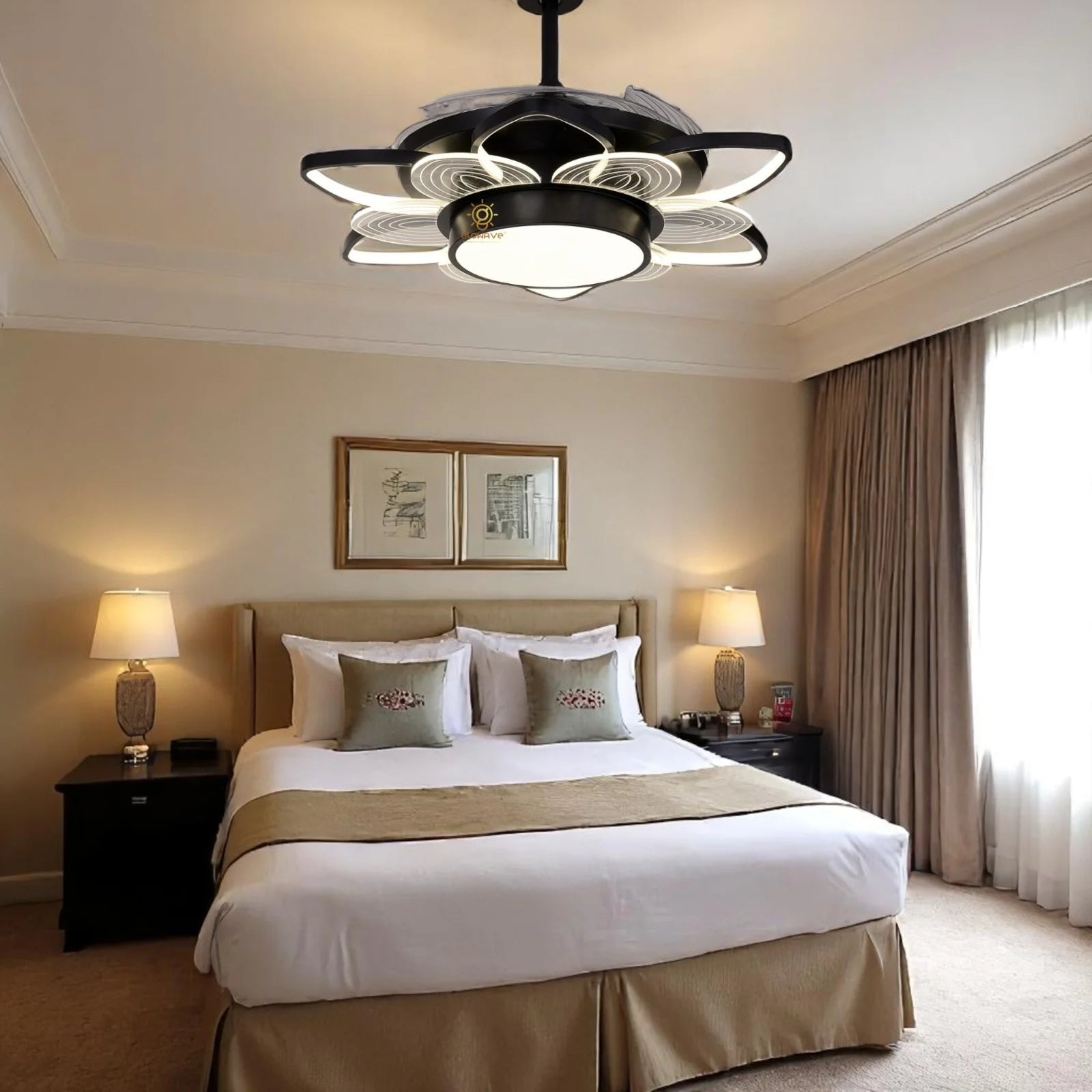 8 Leaves Flower Shape Chandelier Fan 42 Inch - Black