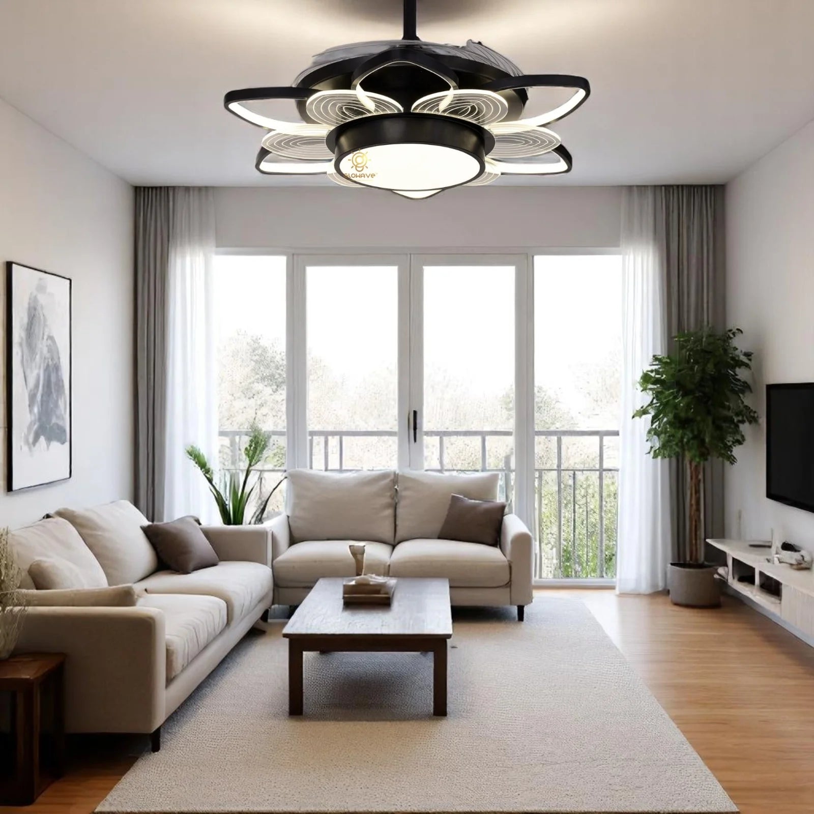 8 Leaves Flower Shape Chandelier Fan 42 Inch - Black