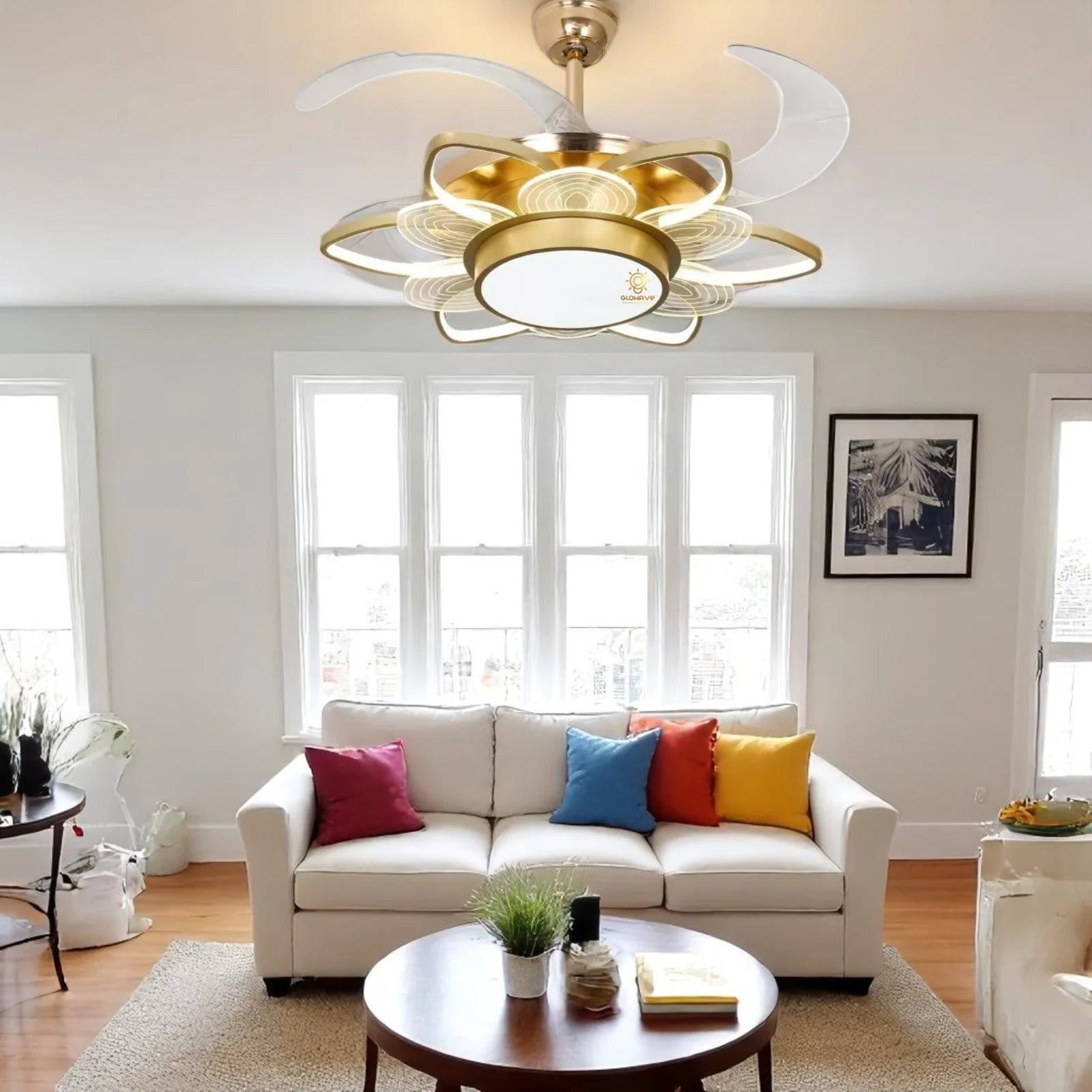 8 Leaves Flower Shape Chandelier Fan 42 Inch - Gold