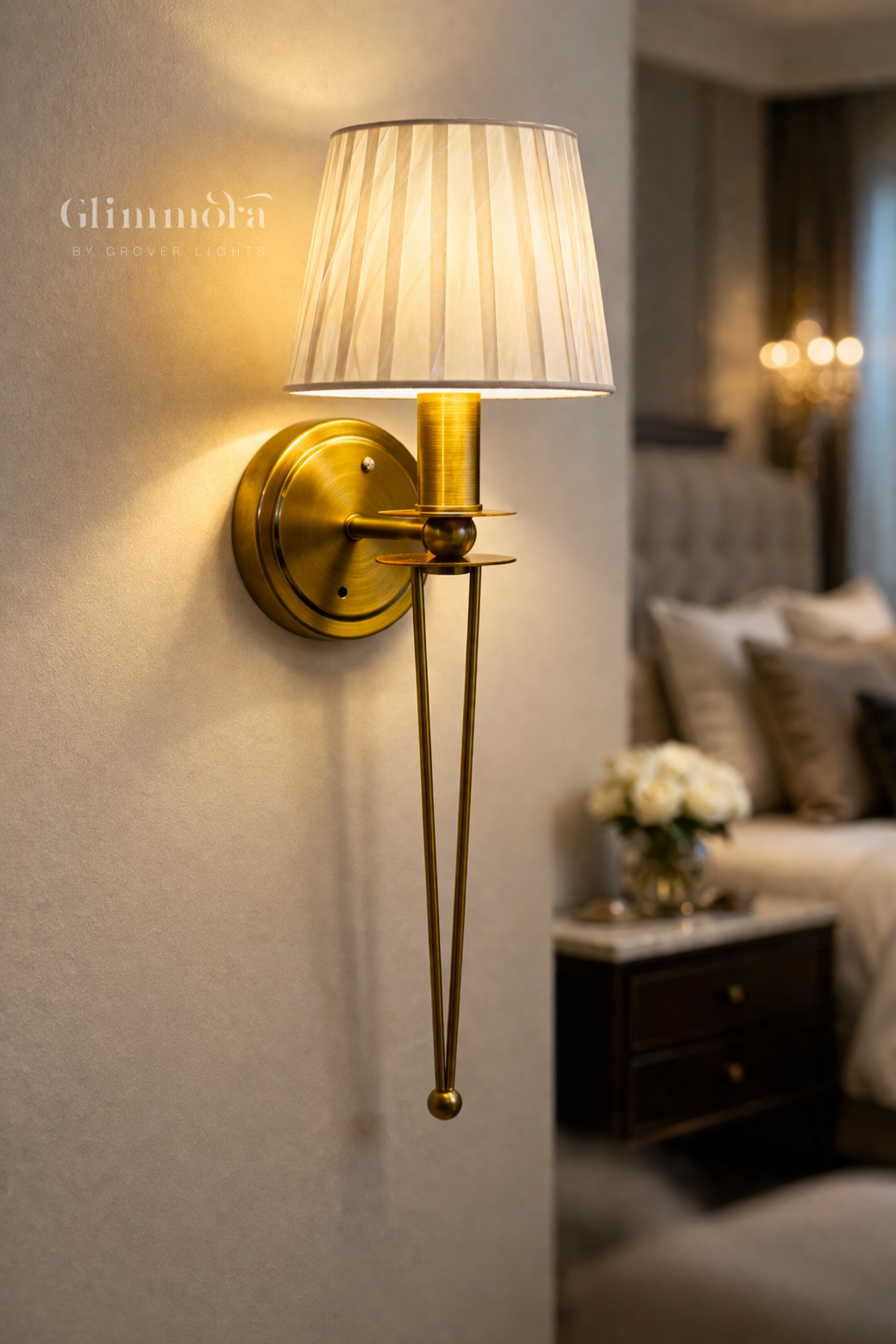 Brushed Brass Wall Sconce with Pleated Fabric Shade