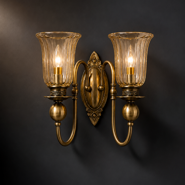 Antique Brass Finish Wall Light with Fluted Glass Shade