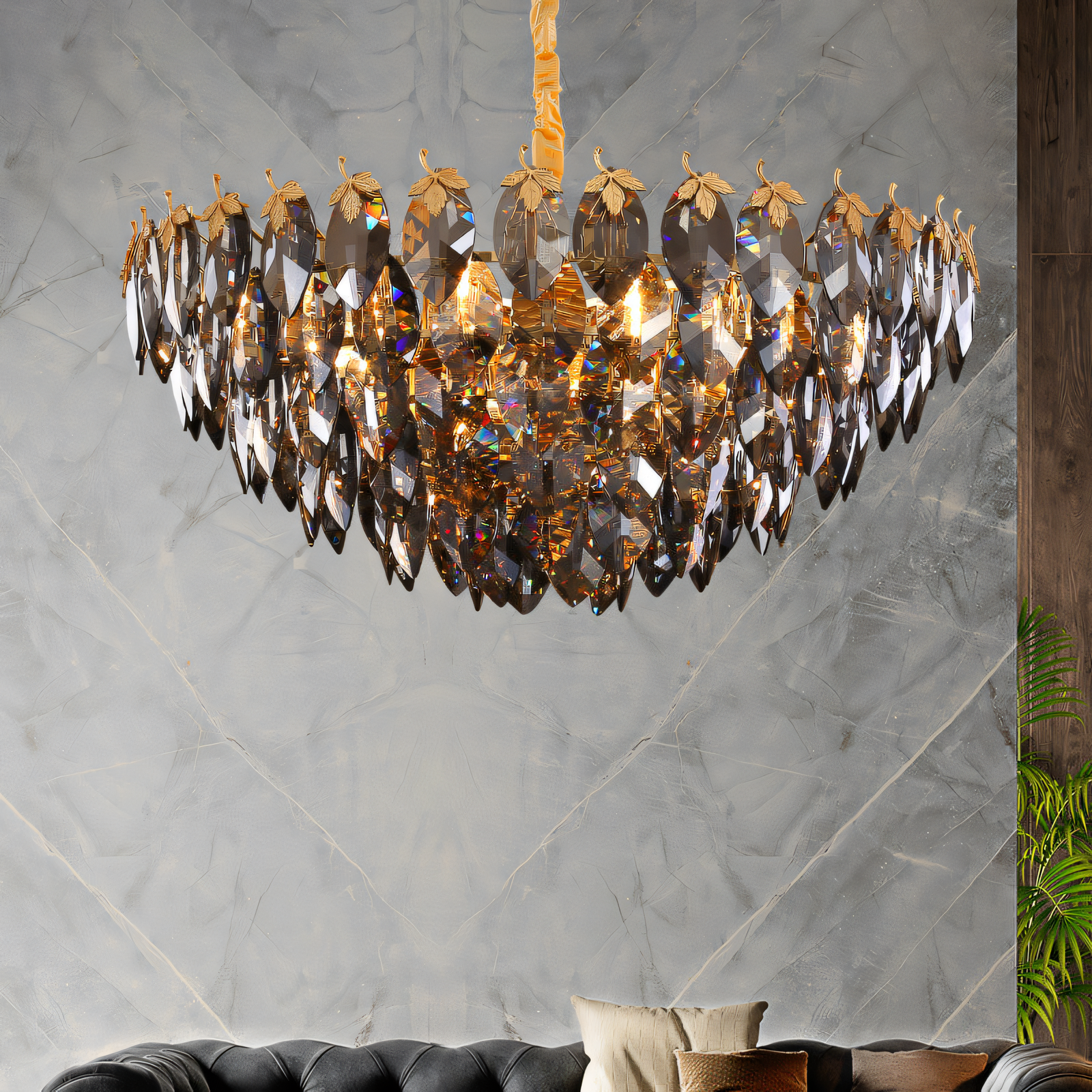 600mm Modern Simple Round Villa Decorative Crystal Leaf Chandelier