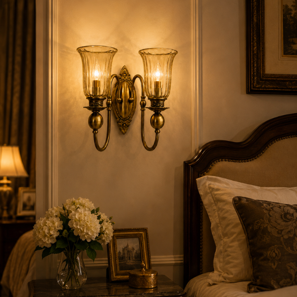 Antique Brass Finish Wall Light with Fluted Glass Shade