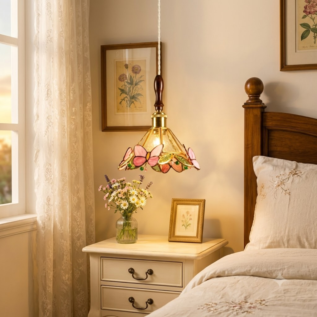 Vintage Tiffany Floral Stained Glass Pendant Light