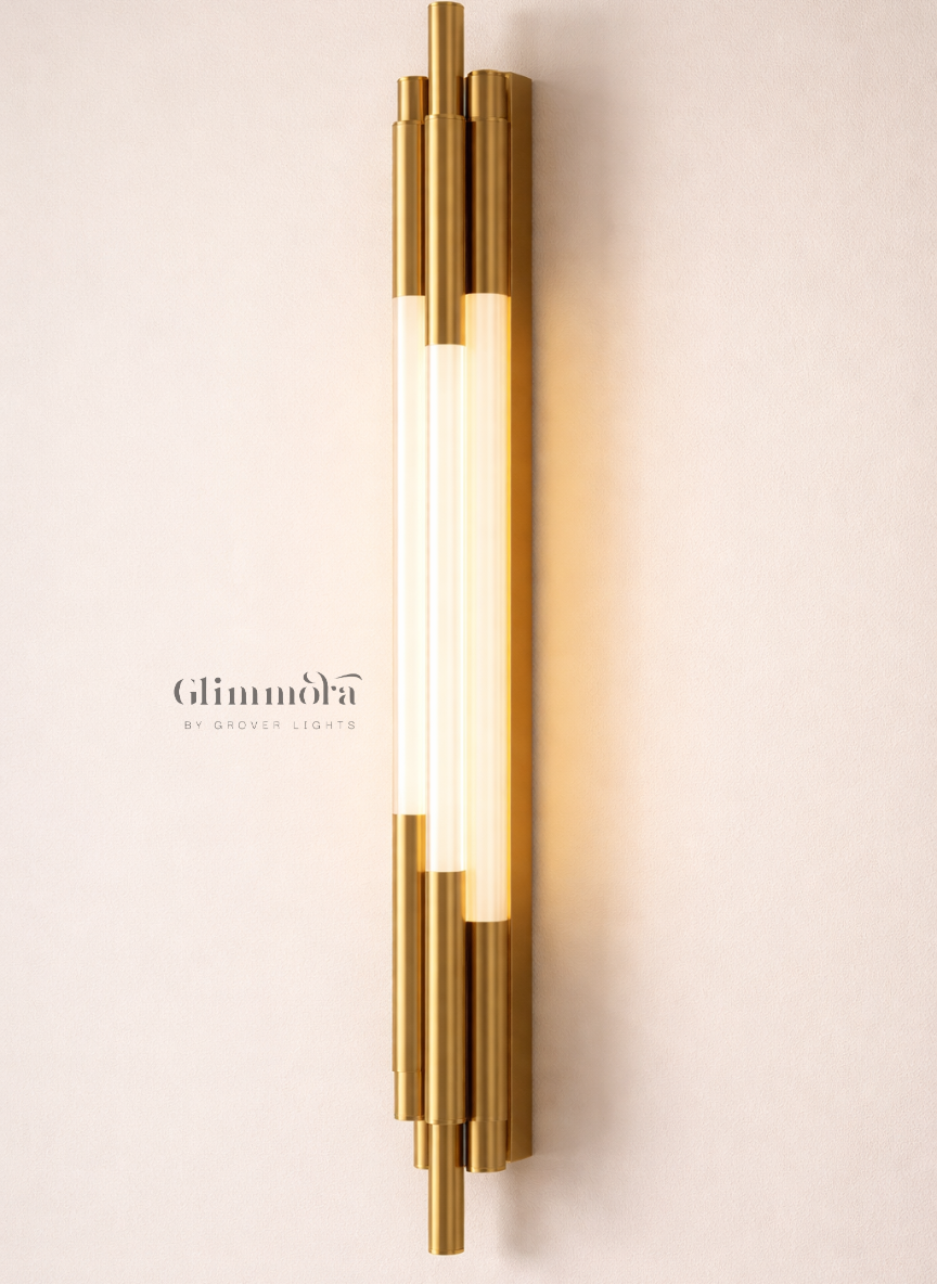 Modern Vertical Brass Wall Light with Dual Frosted Glass Tubes
