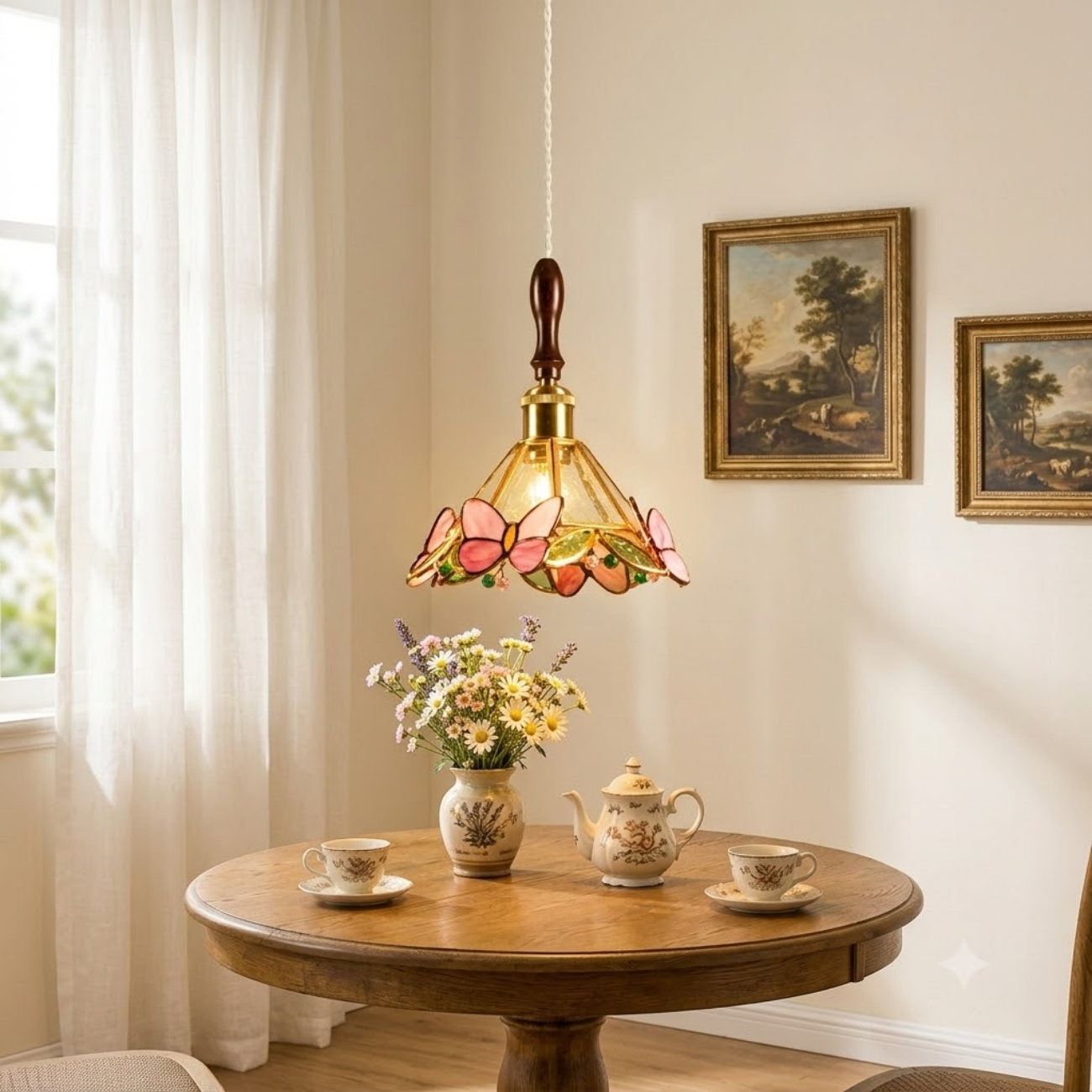 Vintage Tiffany Floral Stained Glass Pendant Light