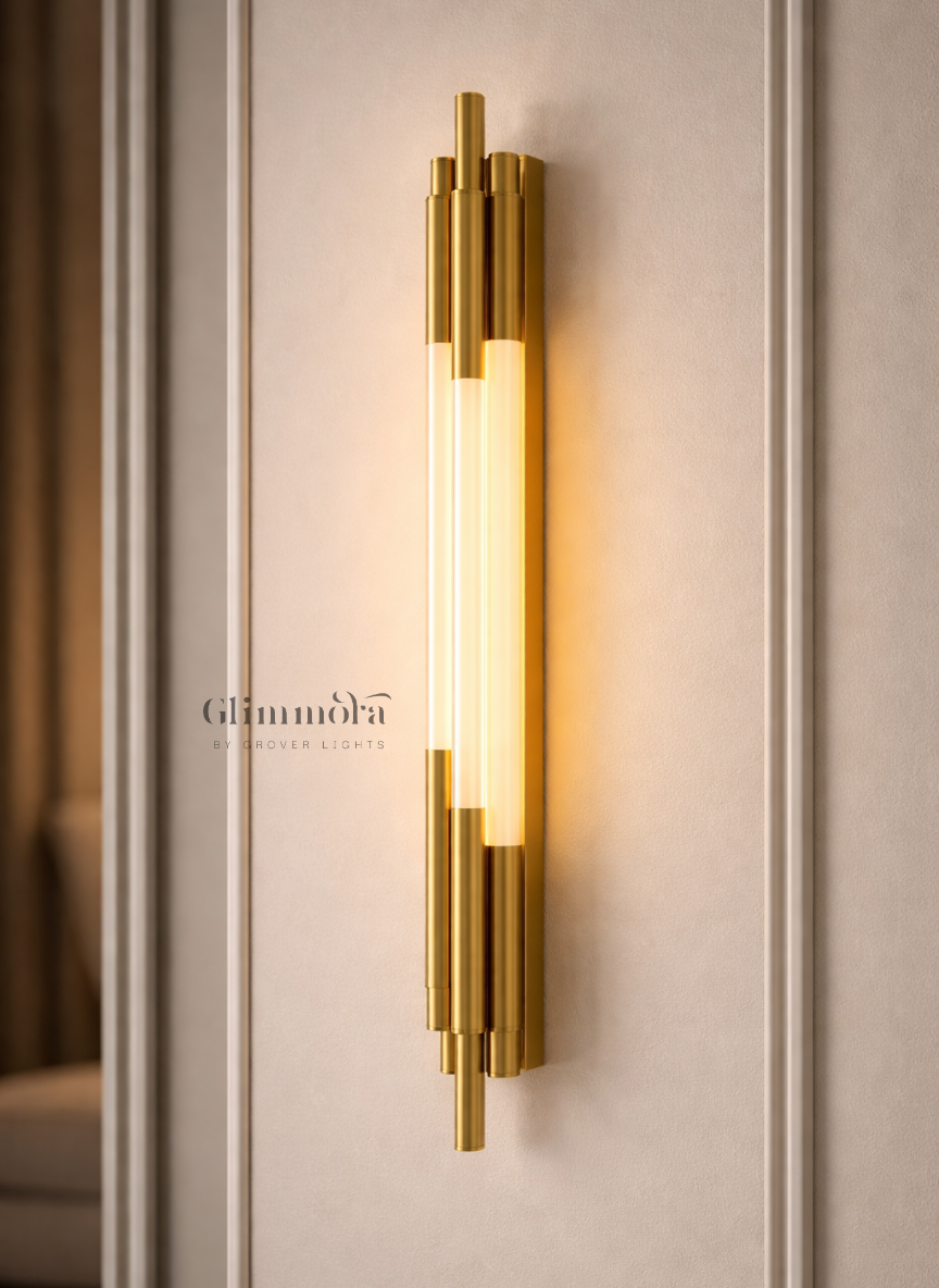 Modern Vertical Brass Wall Light with Dual Frosted Glass Tubes