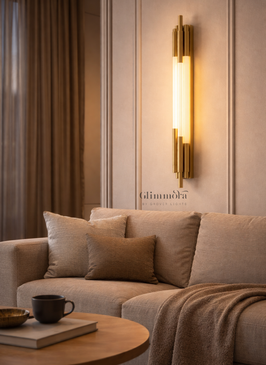Modern Vertical Brass Wall Light with Dual Frosted Glass Tubes