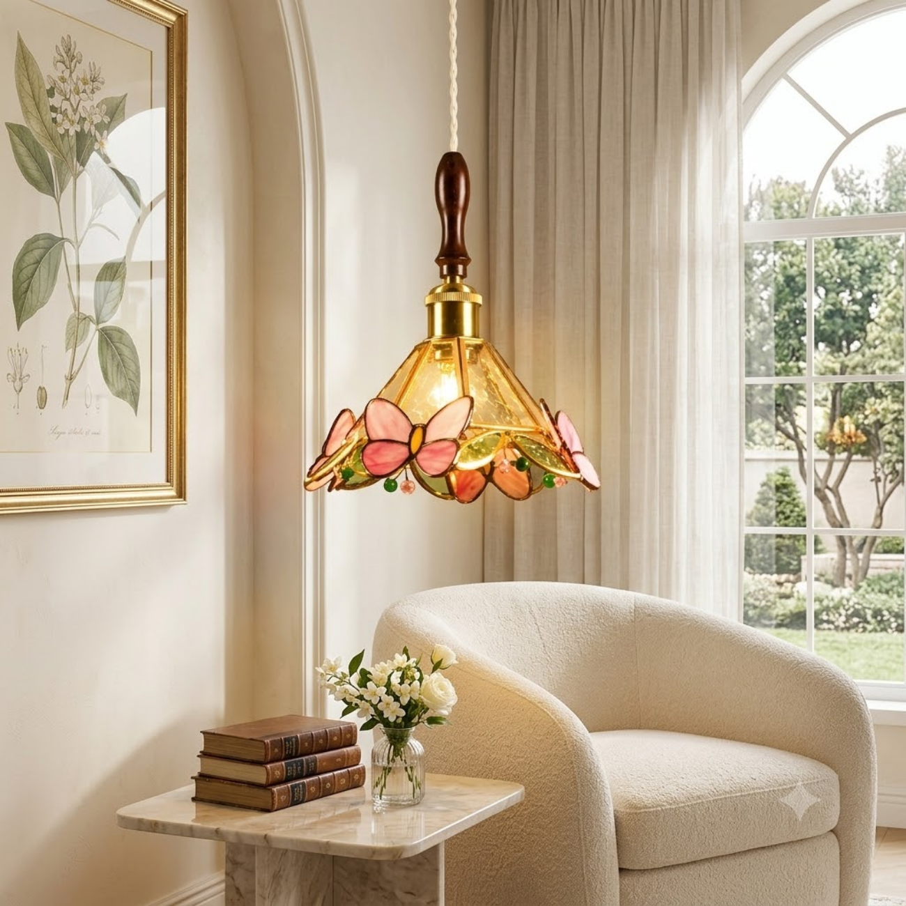 Vintage Tiffany Floral Stained Glass Pendant Light