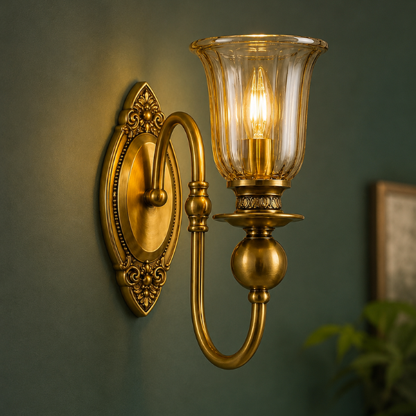 Single Light Antique Brass Wall Lamp with Fluted Glass Shade