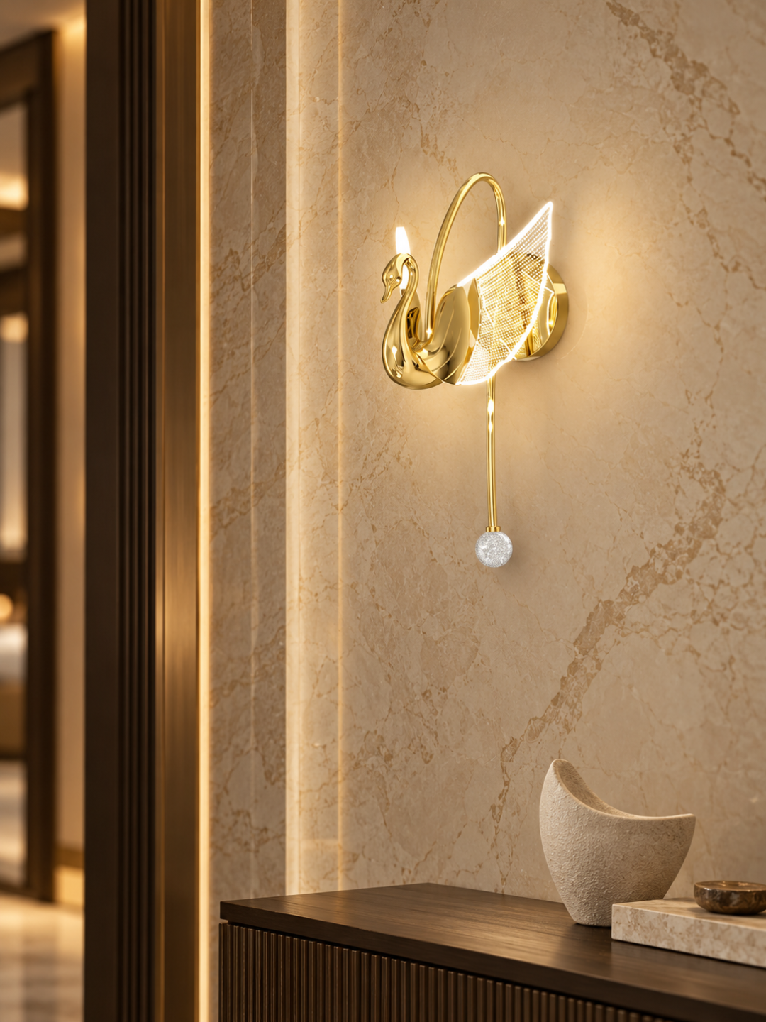Golden Swan LED Wall Lamp with Acrylic Wings & Crystal Pull Chain