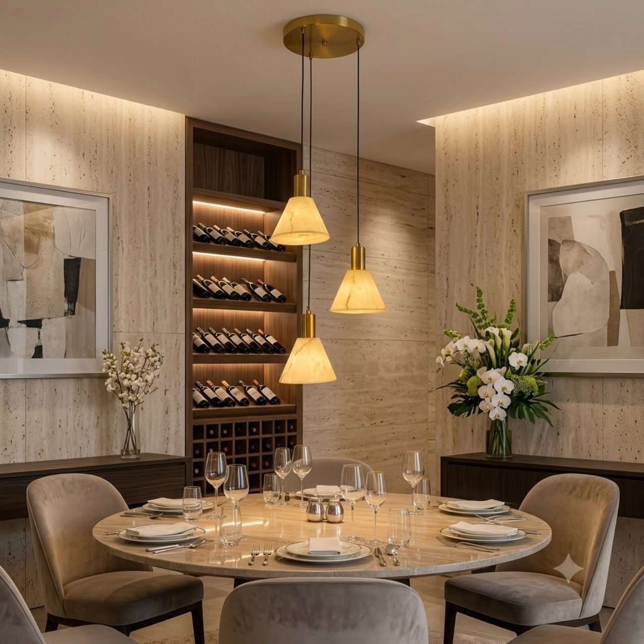 Modern Travertine Triple Pendant Light