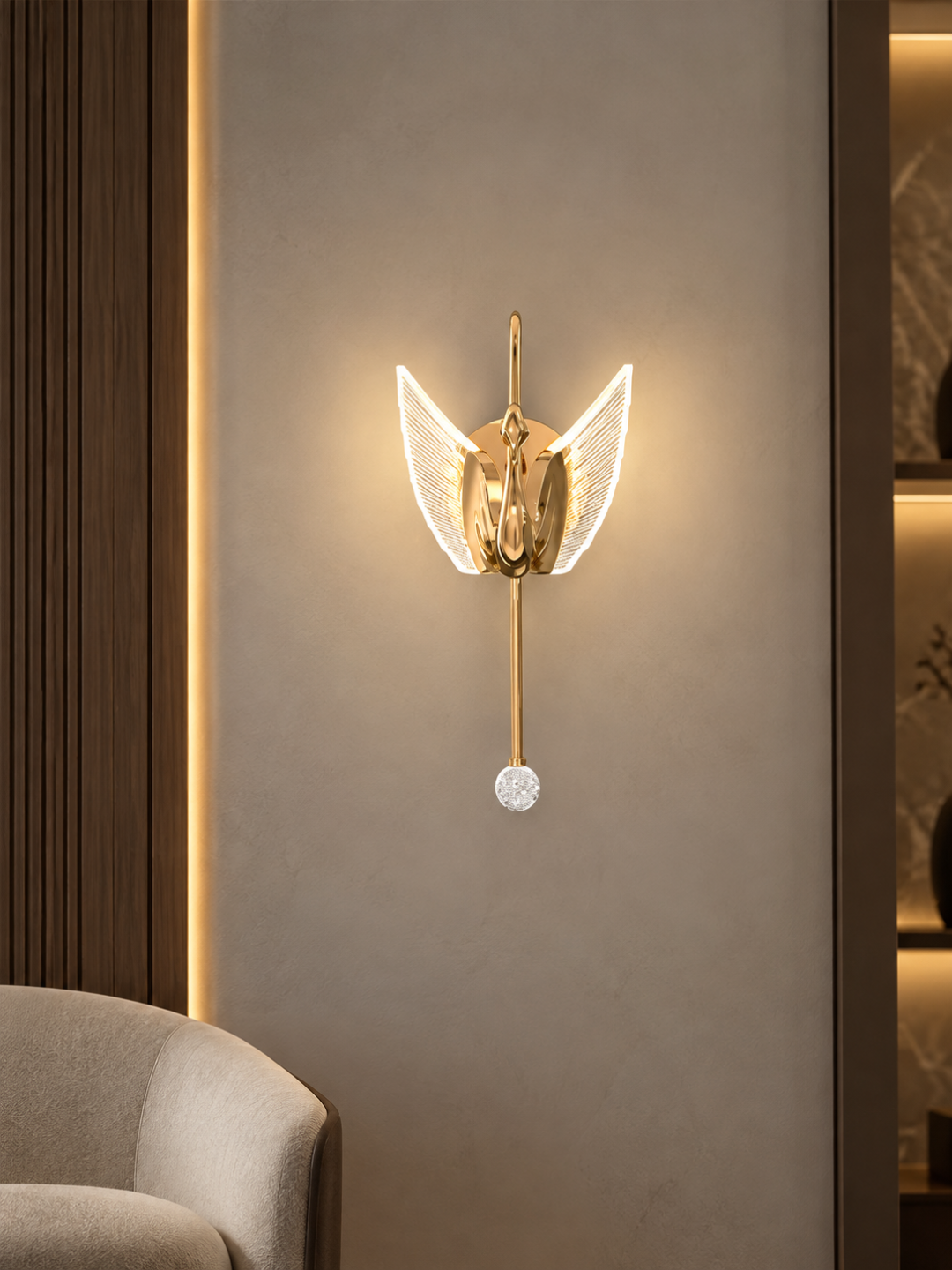 Golden Swan LED Wall Lamp with Acrylic Wings & Crystal Pull Chain