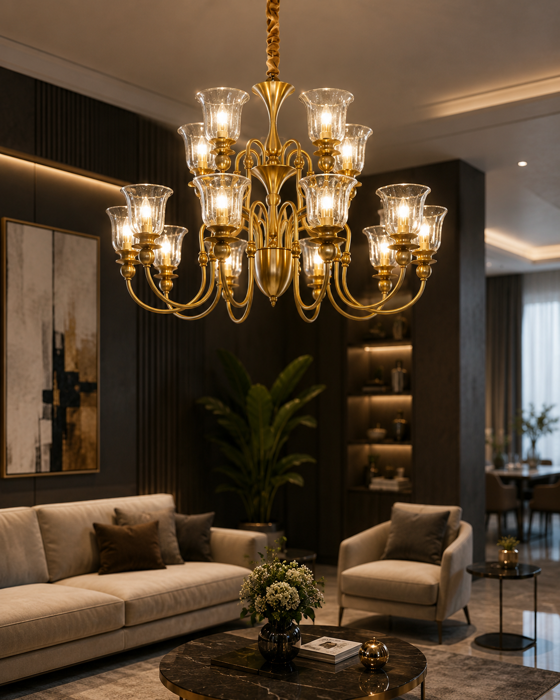 12-Light Fluted Glass Shade Brass Chandelier for Dining Room, Foyer & Living Room