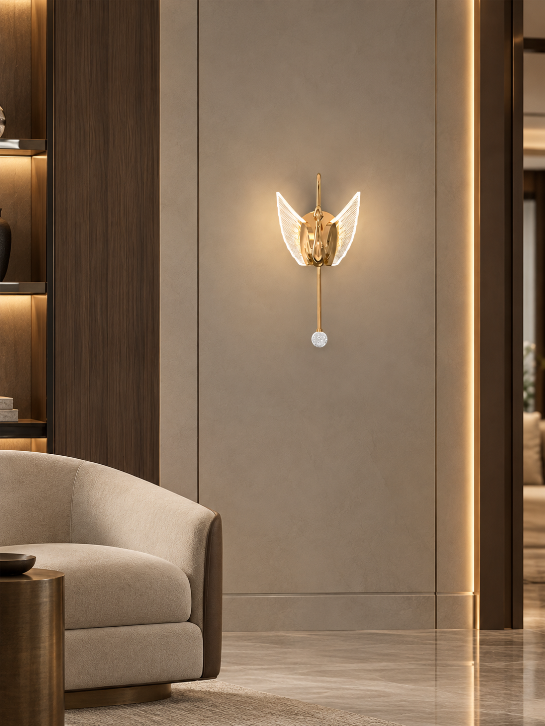 Golden Swan LED Wall Lamp with Acrylic Wings & Crystal Pull Chain