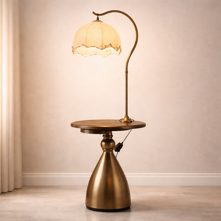 Luxury Floor Lamp with Wooden Side Table & USB Charging