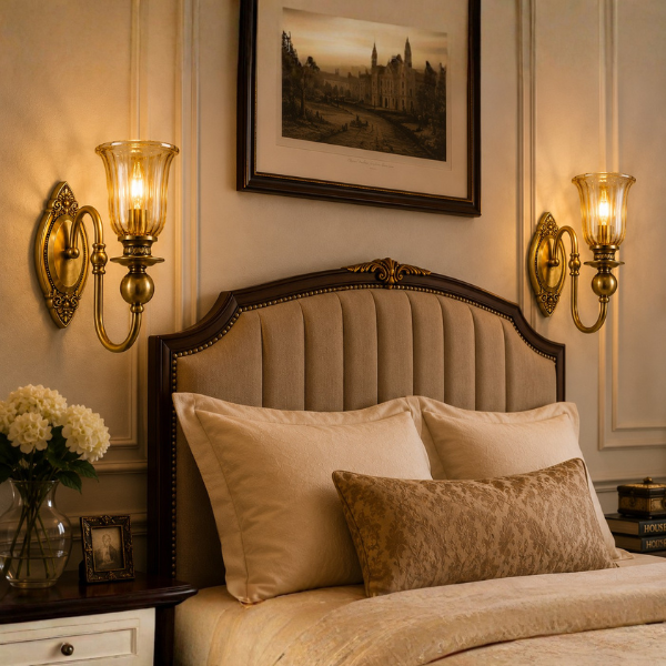 Single Light Antique Brass Wall Lamp with Fluted Glass Shade