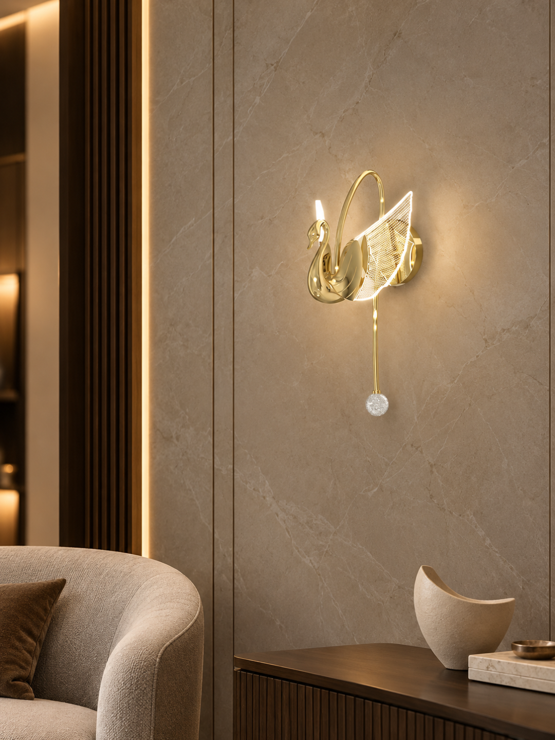 Golden Swan LED Wall Lamp with Acrylic Wings & Crystal Pull Chain