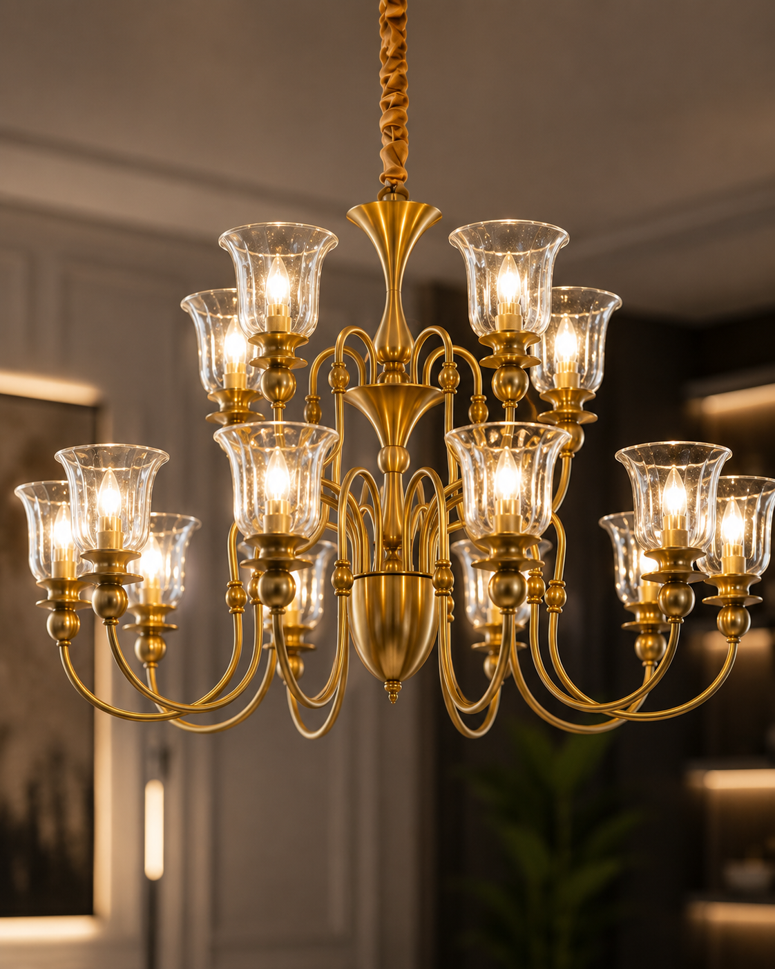 12-Light Fluted Glass Shade Brass Chandelier for Dining Room, Foyer & Living Room