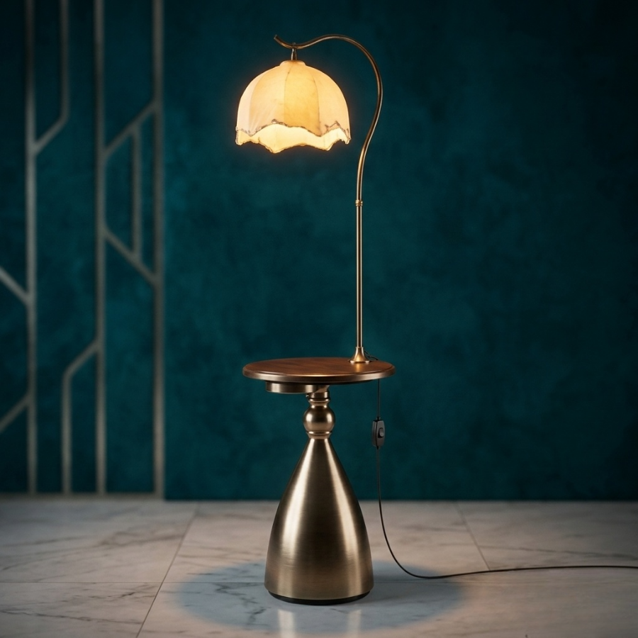 Luxury Floor Lamp with Wooden Side Table & USB Charging