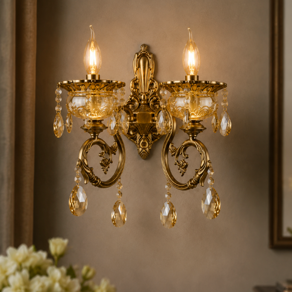 Regal Antique Wall Light with Amber Crystal Drops