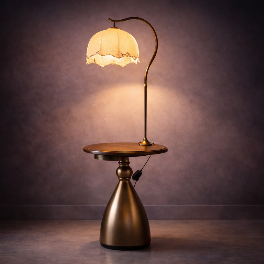 Luxury Floor Lamp with Wooden Side Table & USB Charging
