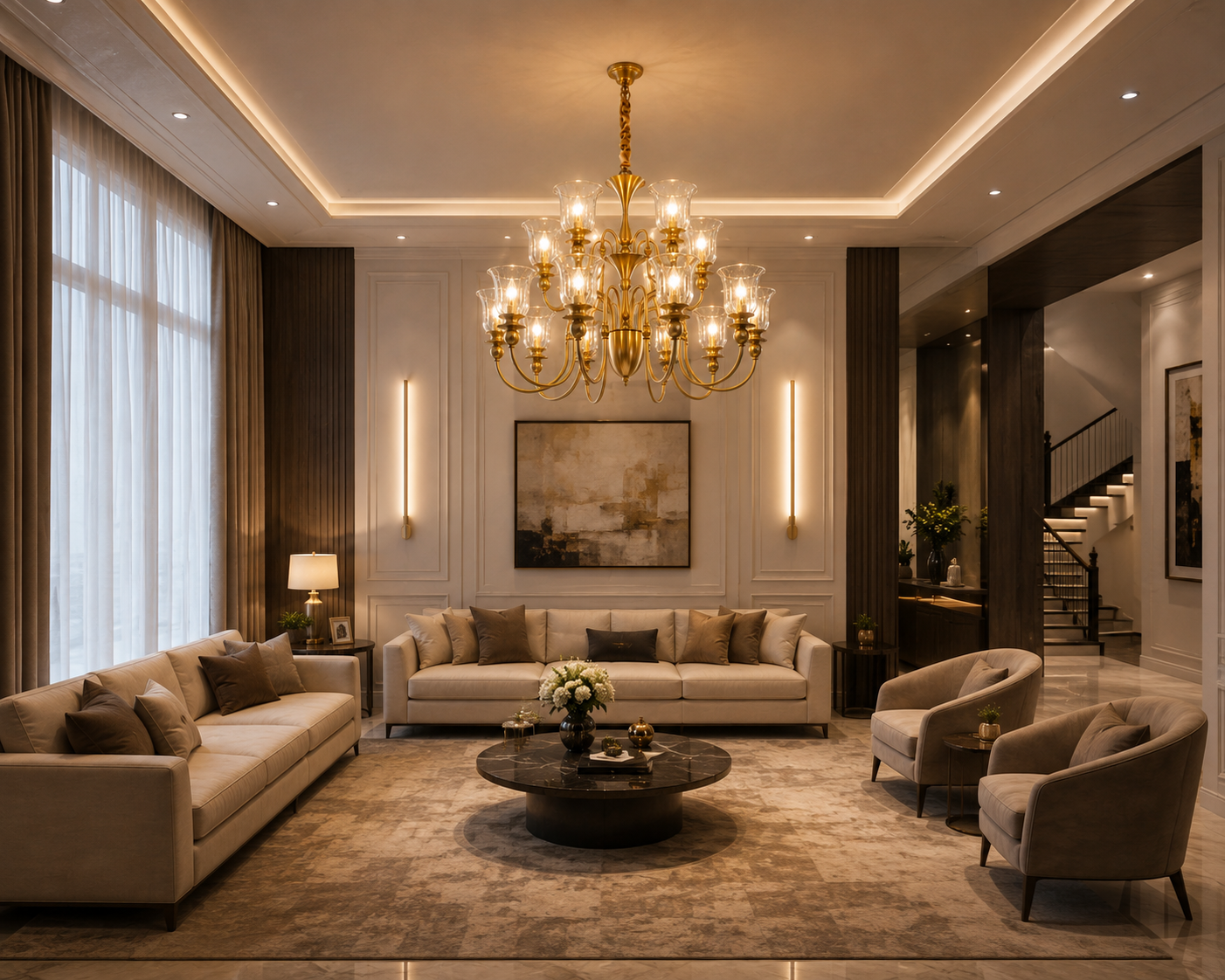 12-Light Fluted Glass Shade Brass Chandelier for Dining Room, Foyer & Living Room