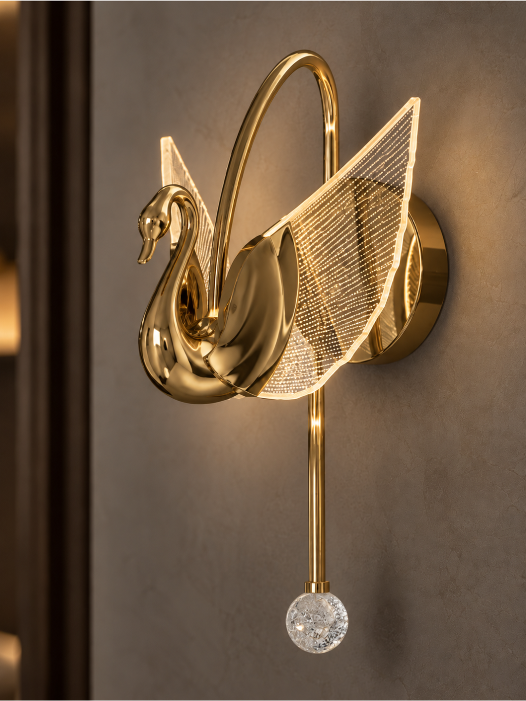 Golden Swan LED Wall Lamp with Acrylic Wings & Crystal Pull Chain