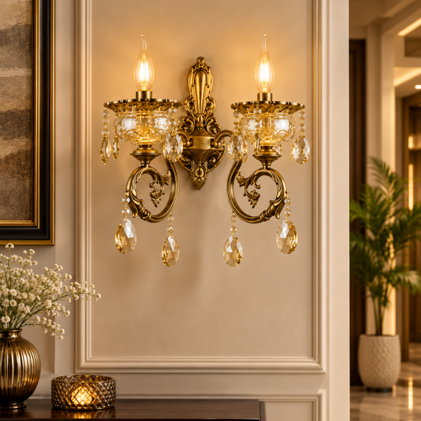 Regal Antique Wall Light with Amber Crystal Drops