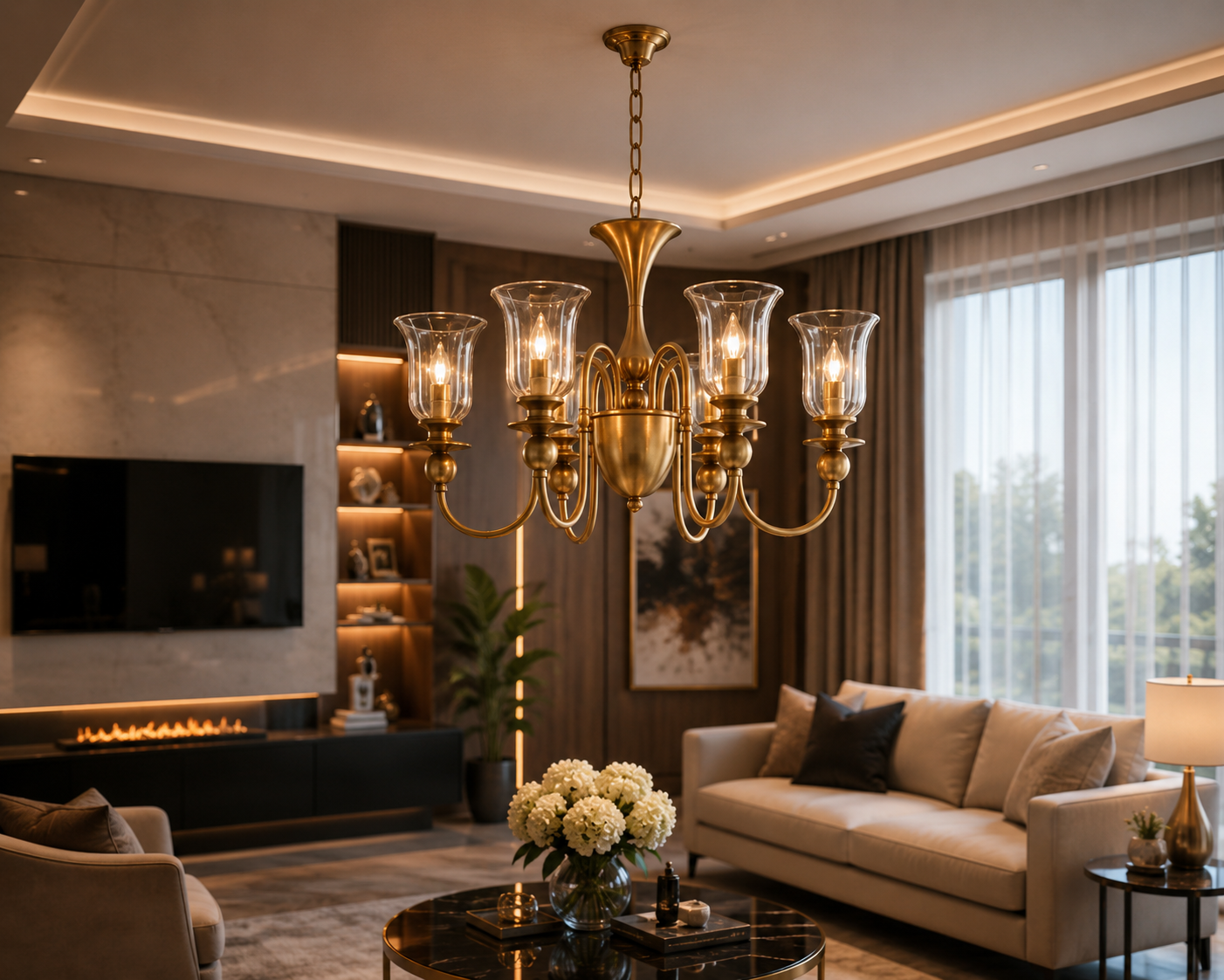 6-Light Fluted Glass Shade Brass Chandelier for Dining Room, Foyer & Living Room