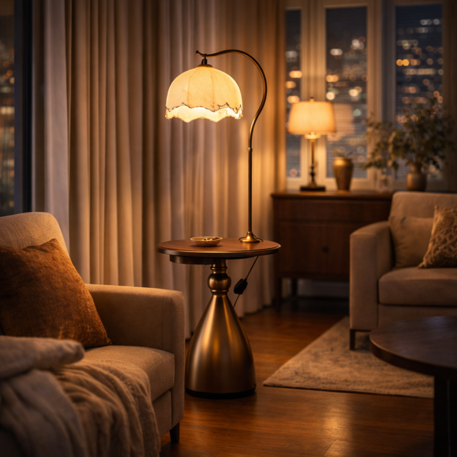 Luxury Floor Lamp with Wooden Side Table & USB Charging