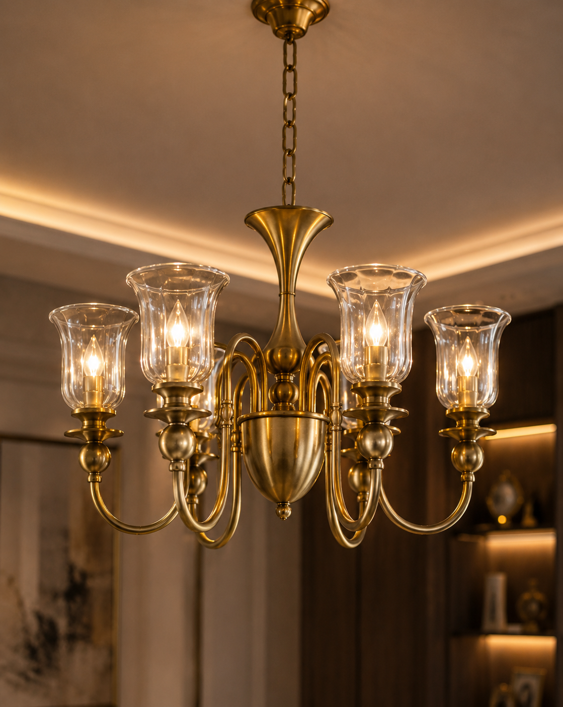 6-Light Fluted Glass Shade Brass Chandelier for Dining Room, Foyer & Living Room