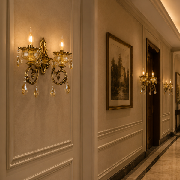 Regal Antique Wall Light with Amber Crystal Drops