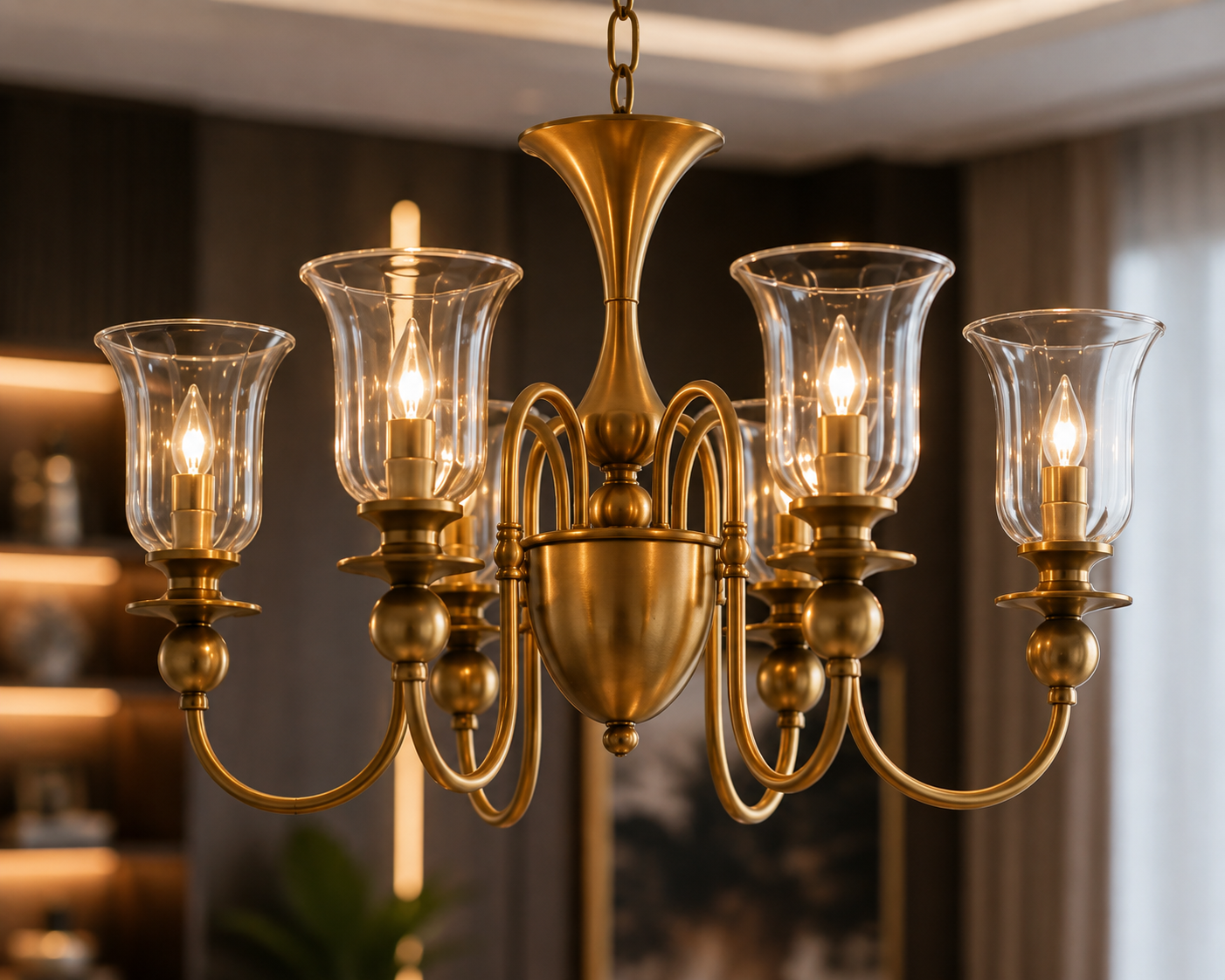 6-Light Fluted Glass Shade Brass Chandelier for Dining Room, Foyer & Living Room