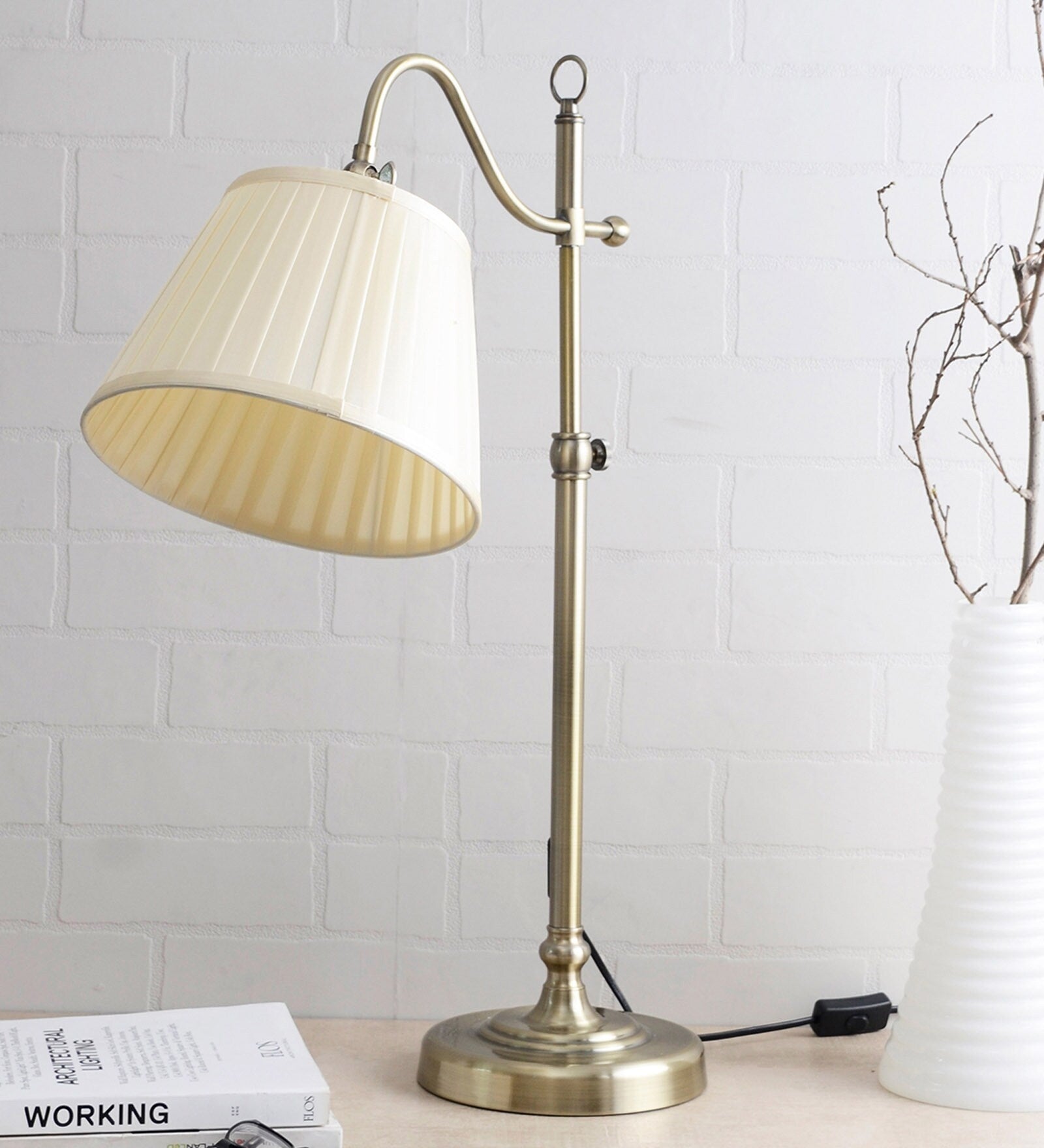 Beige Fabric Shade Study Lamp with Gold Base