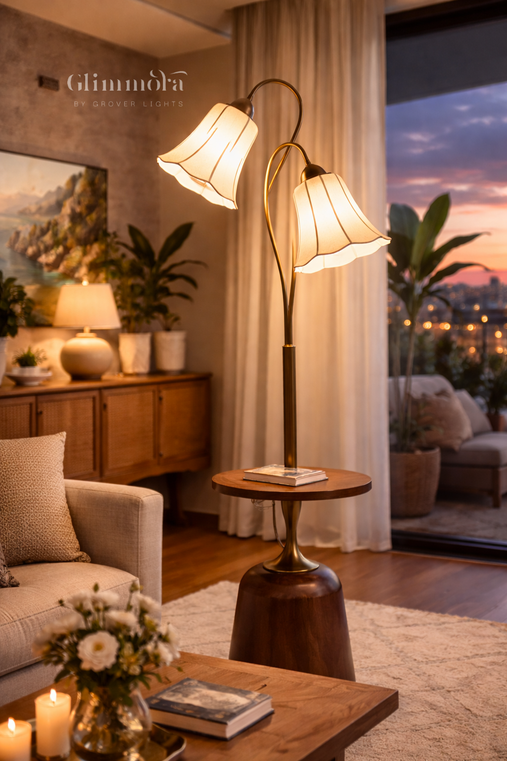 Luxury Dual Shade Floor Lamp with Built-In Side Table (Gold & Wood Finish)