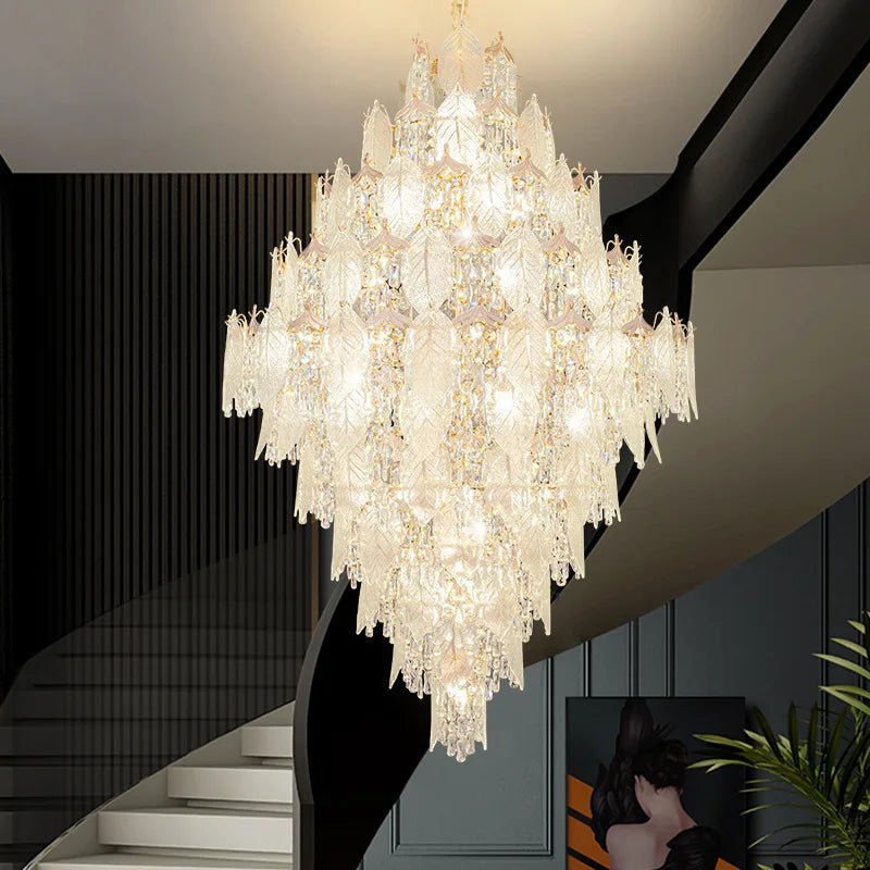 Spiral Staircase Duplex Long Glass Crystal Chandelier