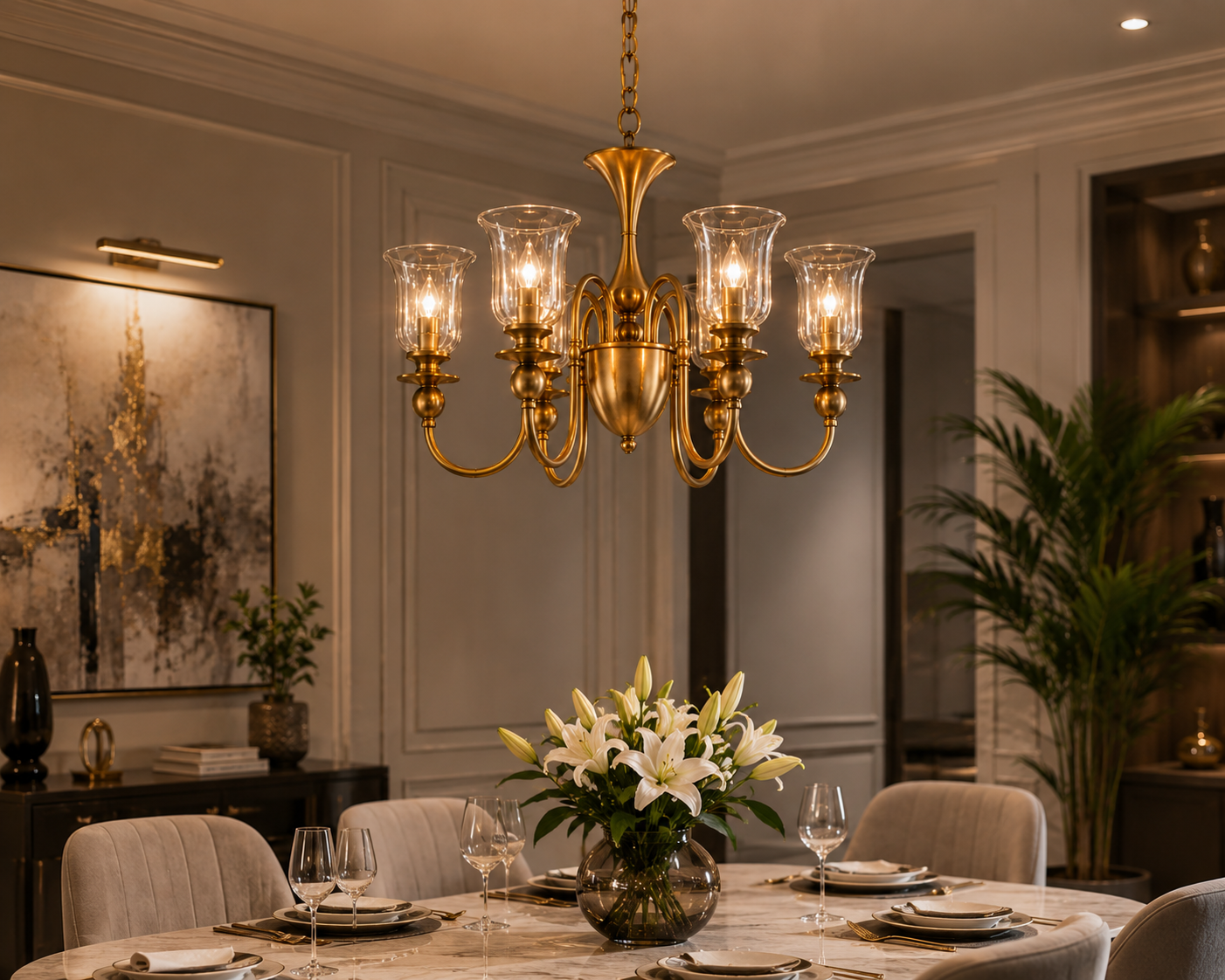 6-Light Fluted Glass Shade Brass Chandelier for Dining Room, Foyer & Living Room
