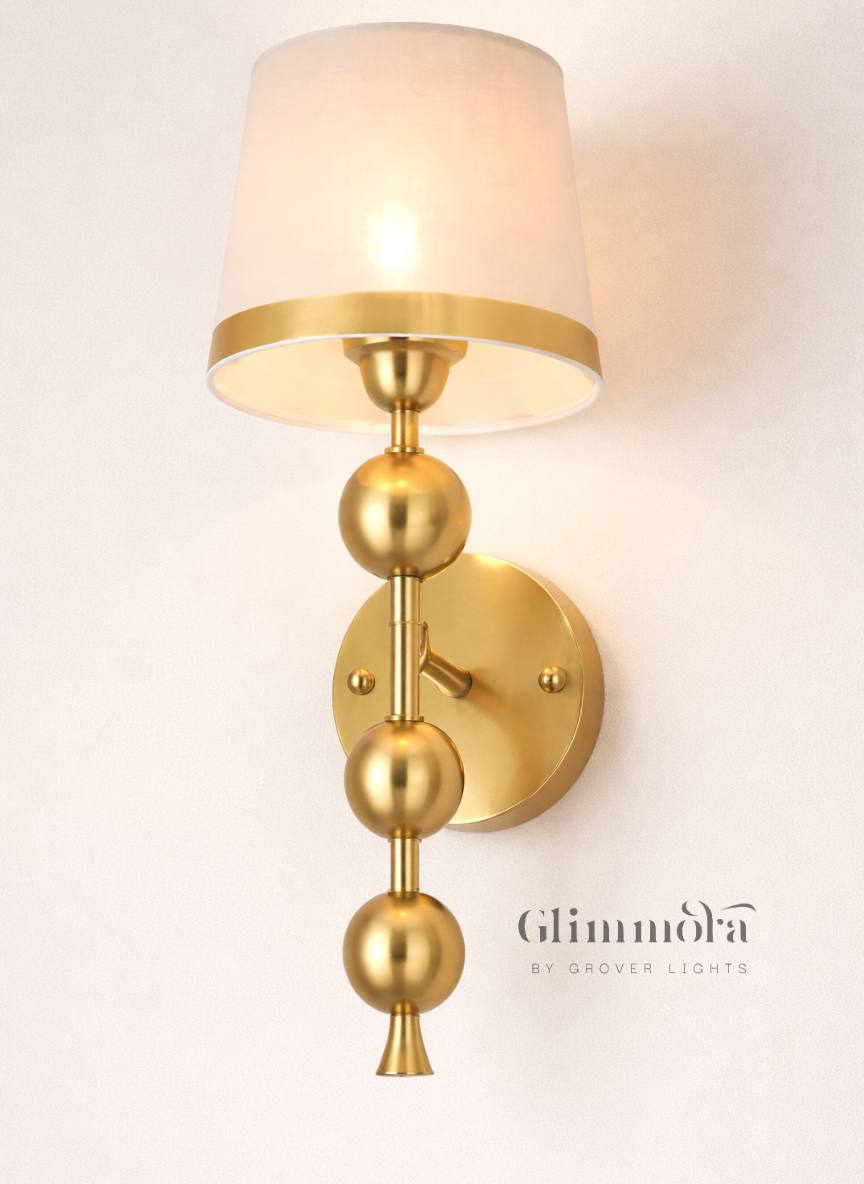 Zenith Brass Wall Sconce with Fabric Shade & Sculpted Sphere Detail