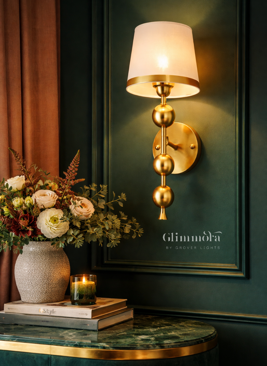 Zenith Brass Wall Sconce with Fabric Shade & Sculpted Sphere Detail
