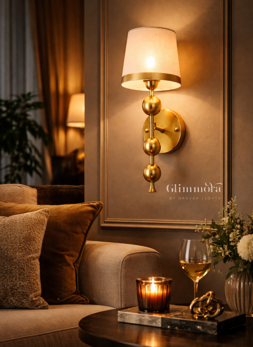 Zenith Brass Wall Sconce with Fabric Shade & Sculpted Sphere Detail