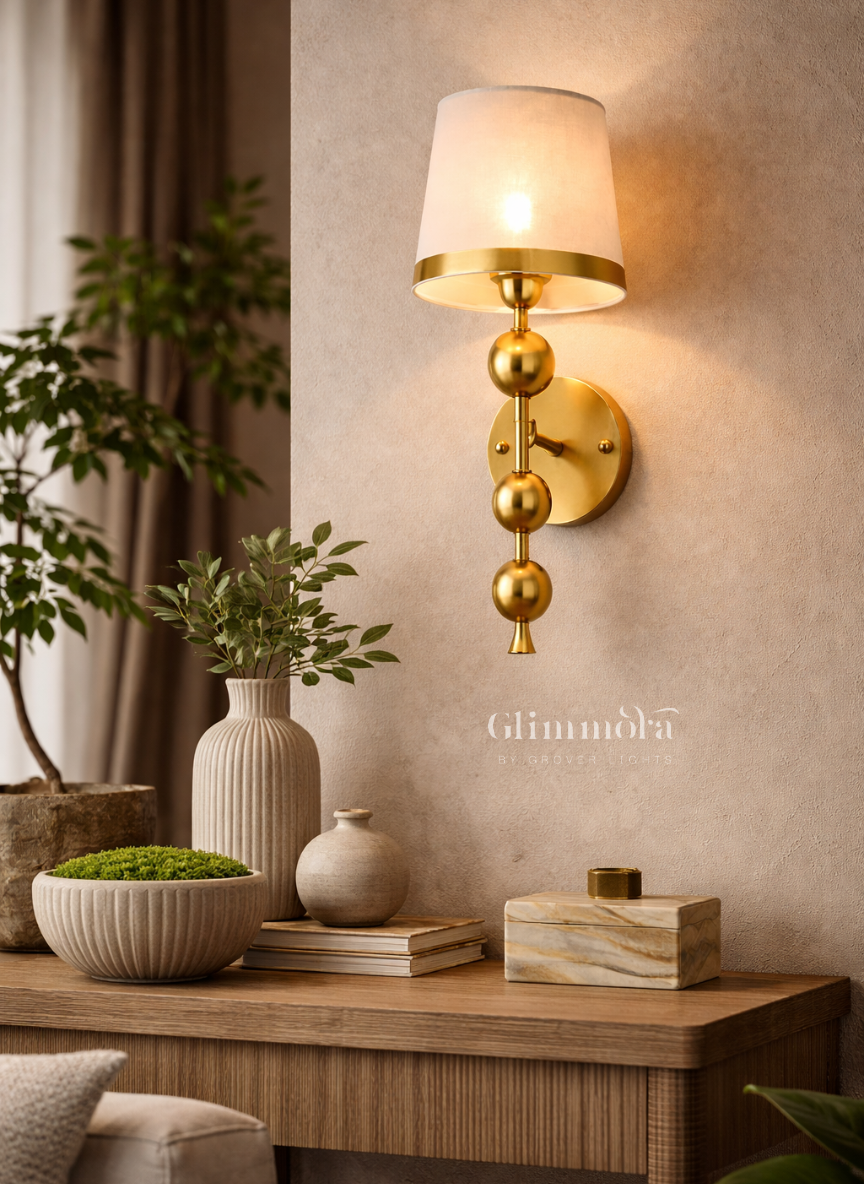 Zenith Brass Wall Sconce with Fabric Shade & Sculpted Sphere Detail