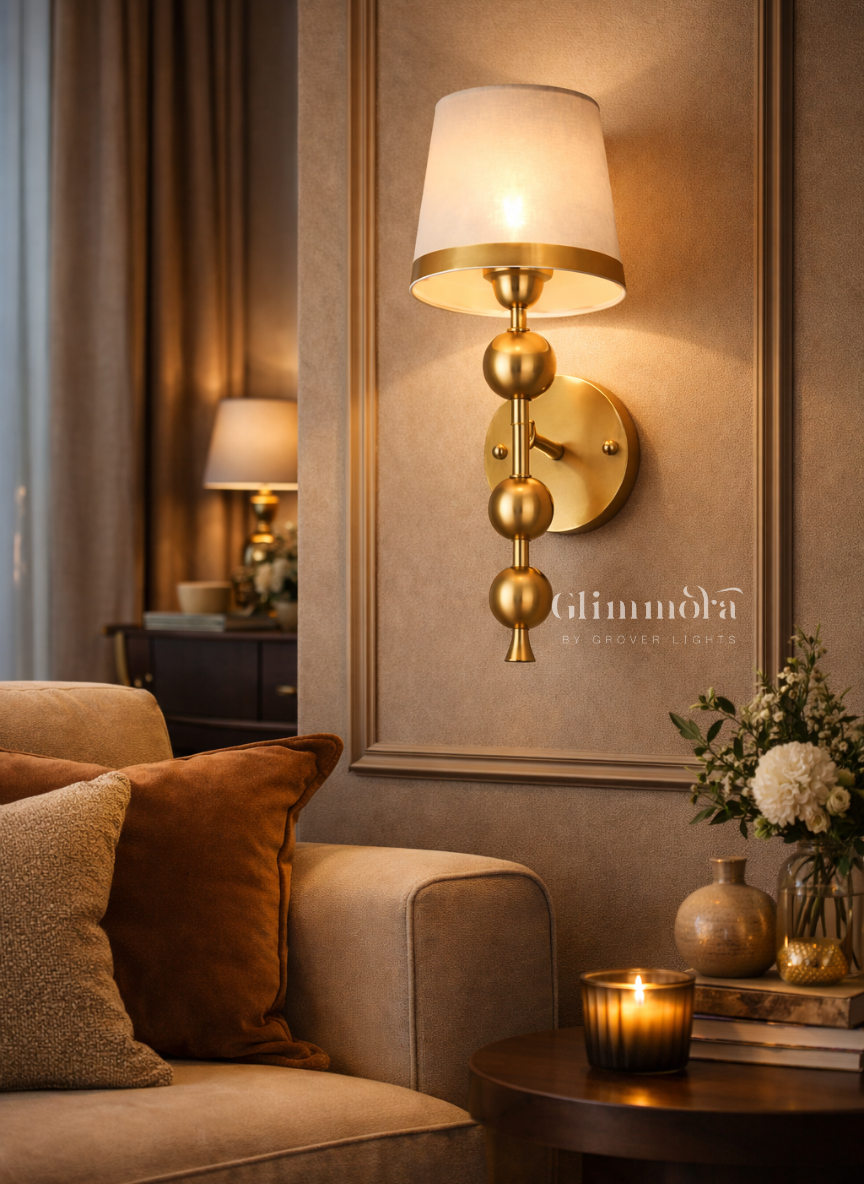 Zenith Brass Wall Sconce with Fabric Shade & Sculpted Sphere Detail