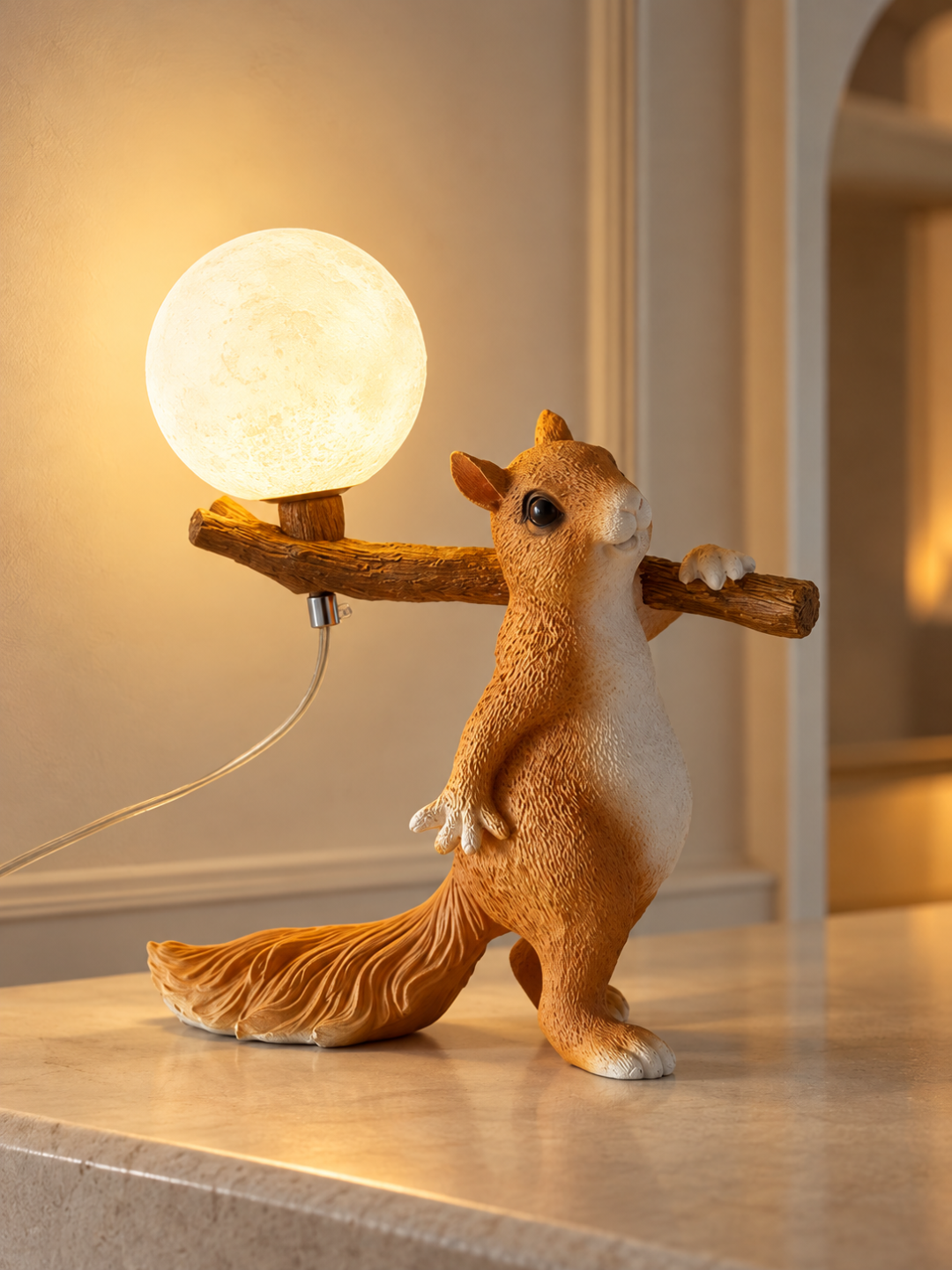 Cute Resin Animal Bedside Lamp with Glowing Moon Globe