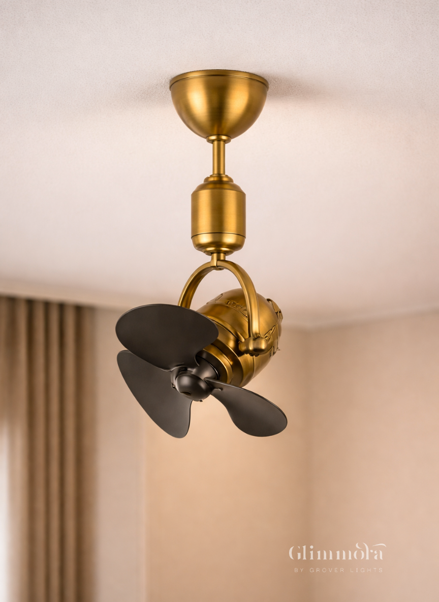 Vintage Antique Brass Wall Mounted Fan with Wooden Finish & Black Blades